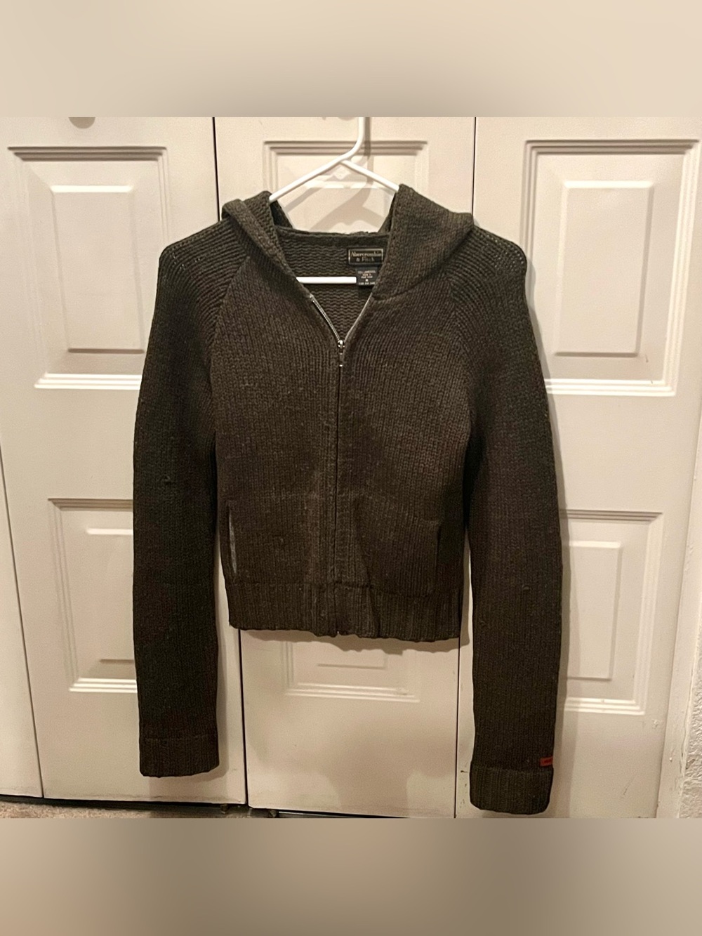 Abercrombie and Fitch Dark Green 100% Lambs Wool Hoodie Sweater Medium Vintage